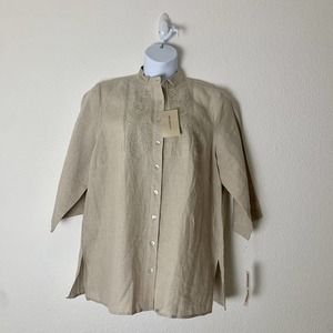 NWT EDWARD WOMAN Womens Top XL Irish Linen Embroidered Button-Up 3/4 Sleeve
